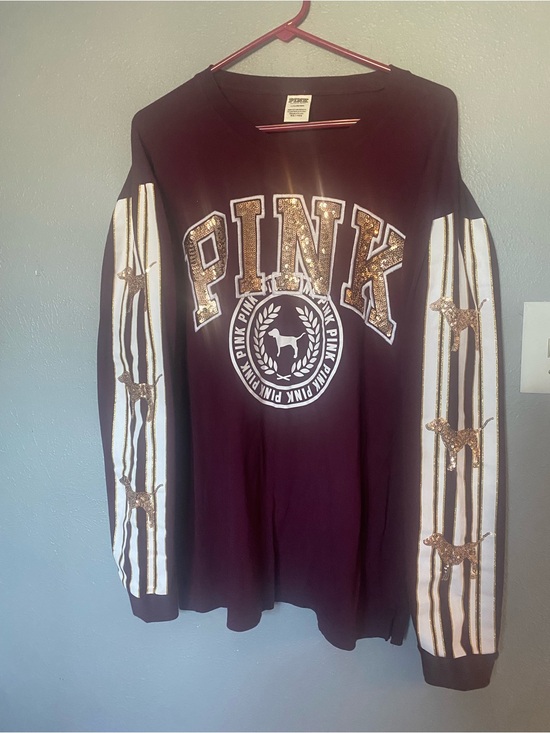 PINK Victoria's Secret Tops - Victoria Secret PINK Maroon White Gold Sequin Letters LONGSLEEVE Top Rare Large